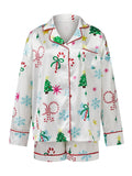 Women's Christmas Satin Pajama Set Long Sleeve Lapel Santa Claus/Christmas Tree Print Shirt Shorts Two Pieces Sleepwear
