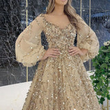 Women Evening Dress Lantern Sleeve V Neck Shiny Sequin A-line Double-layered Floor Length Mesh Cocktail Party Dress Prom Gown