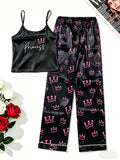 Womens Sexy Crown Print Pajamas Two-piece Set Summer Camisole Top Pants Pajama Set Casual Comfortable Homewear Casual Outfit Set
