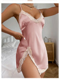 Summer Sleepwear Contrast Lace Silk Satin Nightdress for Women Deep V Backless Lace Up Split Slip Sleep Dress Nightgown