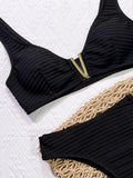 Sexy Black V Neck Bikini 2025 Women Ribbed Push Up Metal High Waist Swimsuit Summer Holiday Bathing Suit Two Piece Swimwear