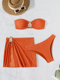 With Skirt Wrinkled Bandeau Bikini Female Swimsuit Women Swimwear Three-pieces Bikini Set Metal Ring Bathing Suit Swim Beachwear