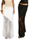 Women's Summer Satin Lace Patchwork Long Skirts Mid Waist Solid Color Fashion Elegant Asymmetric Skirts