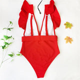 New Sexy Ruffled White Deep V One Piece Swimsuit Women Swimwear Female With Belt Monokini Bather Bathing Suit Swim Lady V2198