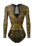 2026 Printed Mesh Swimsuit One Piece & Beach Dress Long Sleeves Swimwear Women Bathing Swimming Swim Suit Padded Beachwear