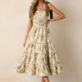 Women's Summer Floral Print Dresses Stylish Ruffled Trim Smocked Sleeveless Tie-Shoulder A-Line Dress