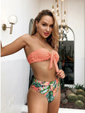 2026 Sexy Bikini Bandeau Women Push Up Swimwear Swimsuit Pleated Leaf Print High Waist Backless Bikinis Set Beach Bathing Suit