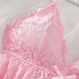 Sexy Women Lace Lingerie Set, Transparent Pink Lace Camisole & Panties Suit, Sexy Romantic Night V-Neck Temptation Hot Sleepwear