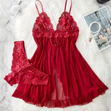 Elegant Transparent Red Lingerie Women's Underwear Sleepwear Lace Nightdress Panty Pijamas Sets Female Babydoll