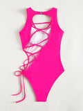 2026 Print Lace Up Back Swimsuit One Piece Solid Swimwear Women Bathing Swimming Suit Female Padded Summer Beachwear Bodysuit