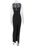 Ahagaga Summer Sexy Club Women Maxi Dresses Mesh Patchwork Sheer O-Neck Elegant Sheath Split Bodycon Party Elegant Vestidos