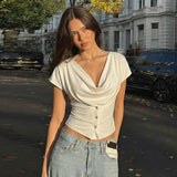 FDYOUI Fashion Casual Swinging Collar T-shirts Y2K Woman Clothes Short Sleeve Buttons Corset T Shirt Ladies Solid Crop Tops Tees
