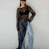 Woman Clothing 2026 O-neck Hollow Out High Slit Long Maxi Lace Dress Black Streetwear Ladies See-through Black T-shirt Dresses