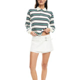 Women's Fall Striped Print T-Shirt Contrast Color Long Sleeve Lapel Neck Button-up Casual Pullover Tops