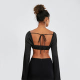 Women Long Sleeve Crop Tops Mesh Lace Trim Sweetheart Neckline Tie-Up Backless T-Shirts Spring Fall Slim Fit Shirts Streetwear
