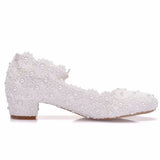 Women 3CM High Heels White Lace Pearl Wedding Shoes Sexy Bride Party  Pointed Toe Shallow Mouth Pumps Shoe Bridesmaid  Pink