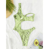 S - XL Asymmetric Printed Cut Out One Piece Swimsuit Women Swimwear Female One Shoulder Padded Bather Bathing Suit Swim K7318