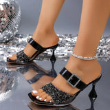 Double Band Glitter High Heels Sandals Women Gold Silver Party Dress Shoes Woman Summer Open Toe Crystal Heel Sandalias