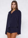 Women Fall 2 Piece Pajamas Set Solid Color Button up Long Sleeves Shirt and Elastic Shorts for Loungewear Soft Sleepwear
