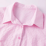 Women Plaid Shirts Button Down Puff Short Sleeve Lapel Neck Tops Fashion Slim Fit Ruffle Trim Blouses Summer