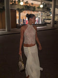 Ahagaga Summer Crop Top Tees Sexy Women High Neck Sleeveless Floral Sheer Lace Halter Neck Slim Sheath Casual Party Club T-Shirt