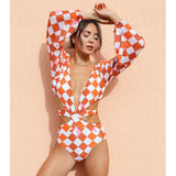 One Piece Swimsuit Sexy Long Sleeve Tropical Print Swimwear Women Bandage Monokini Hollow Out Bathing Suit String Beachwear 2023