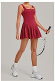 Naked Fake Two Piece Tennis Dresses with Pocket Bottom Women Back Hollow Out Pleate Skirts Outwear Square Collar Golf Yoga Dress