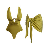 2Pcs Deep V Swimsuit With Long Skirt Women Sexy Swimwear Female Bikini Cut Out Biquini Swim Suit Shiny Button Bodysuit Beachwear