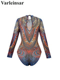 XS - XXL Printed Long Sleeve With Sarong Women Swimwear One Piece Swimsuit Female High Leg Cut Bather Bathing Suit Swim V7136