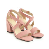 Big Size Casual Women Sandals Black Flock 7cm High Square Heels Peep Toe Summer Cross Buckle Strap Party Office Red Lady Sandals