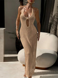 Halter Hollow Out Backless Crochet Knitted Tunic Beachwear Beach Dress Beach Wear Female Beach Cover Up Cover-ups Women V7504