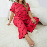 Plus Size 3XL 4XL 5XL Sleepwear Heart Letters Print 2 PCS Pajama Set Women's Casual Short-Sleeve Top and Pants Loungewear