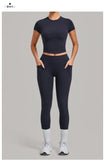 Women Tracksuit Yoga Sets Short Sleeve Slim Sports T Shirts Workout Clothes Outdoor Tight High Waist Pocket Pants Fitness Suits