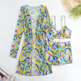 New Sexy 3 Pieces Suit for Women Neck Hanging Bikini Set+Cover-up Swimwear Sunproof Tankini High Waist Shorts Swimsuit Beachwear