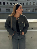 Foridol Tweed Knitted Dark Grey Blazer Coat Women Autumn Winter Gingham Short Coat Office Lady Vintage Buttons Veste