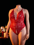 Erotic Hot women Plus Size Lace Halter Teddy Bodysuit Crotchless Criss-Cross Back Deep V Neck Open Crotch sexy Lingerie 1XL-4XL