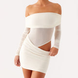 Women Mini Off Shoulder Slim Ruched Solid Color Party Club Dresses Cut Out Long Sleeve Backless Short Mesh Bodycon Dress