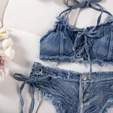 DEKA Retro Women Bikini Denim Suits Summer Halter Camis+ Mini Pant Lingerie Fashion Vacation Swimsuits Sexy Bra&Briefs Sets