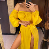 2026 Leopard Off Shoulder Long Sleeve 2 Pieces Set Beach Cover Up Cover-ups Beach Dress Beach Wear Beachwear Female Women V3728