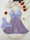 Toucheart Contrast Lace Nightgown Deep V Backless Bow Slip Dress Women Sexy See-Through Slit Lace Pajama 2-Piece Set With Thong