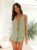 Foridol Bowknot Backless Cotton Casual Women's Suit Top+shorts Matching Set Summer Spring Beach White Set Two Piece Shorts Set