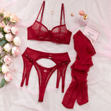 Toucheart Erotic Lingerie Comfortable Mesh Sexy Body Shaping Ultra-thin See-through Sexy Underwear Four-piece Set with Stockings