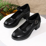 Plus Size 42 Black Thick Heels Pumps Women Classic Pu Leather Platform Mary Jane Shoes Woman Ankle Buckle Office High Heel Shoes