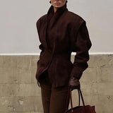 Phantasy Fashion Vintage Belt-Down Jacket Autumn Winter V-Neck Commuter Brown Suit Casual Style High-End Women's Clothing 2025