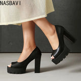 Ladies Vintage Flock Black Peep Toe Pumps Classic Summer Chunky High Heels Women Slip On Party OL Single Shoes Big size 36-46