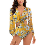 TW Sexy High Waist One Piece Swimsuit Women V Neck 2024 Long Sleeve Bathing Suit Brazilian Swimwear Monokini Summer Beachwear