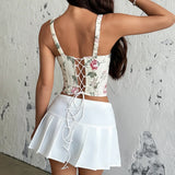 Countryside Style Floral Print Camisole Women Lace Front Tie Slim Fishbone Tank Top Summer Y2K Chic Lady Corset Streetwear