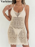 Crochet Knitted Hollow Out Halter Mini Dress Tunic Beach Cover Up Cover-ups Beach Dress Beach Wear Beachwear Female Women V8210
