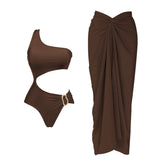 2Pcs Deep V Swimsuit With Long Skirt Women Sexy Swimwear Female Bikini Cut Out Biquini Swim Suit Shiny Button Bodysuit Beachwear