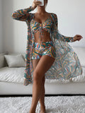 New Sexy 3 Pieces Suit for Women Neck Hanging Bikini Set+Cover-up Swimwear Sunproof Tankini High Waist Shorts Swimsuit Beachwear